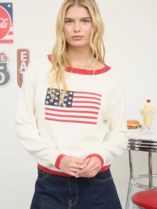 Blu Pepper Sweaters - Contrast Trim American Flag Knit Pullover Sweater